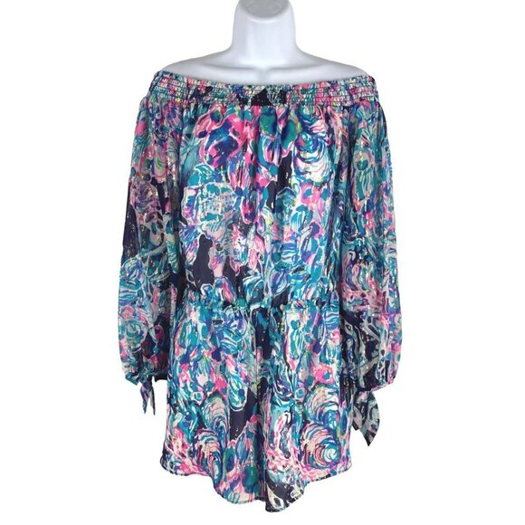 Lilly Pulitzer Myri Romper Bright Navy Caught‎ Up Small Off Shoulder DR-1269 - Picture 1 of 10